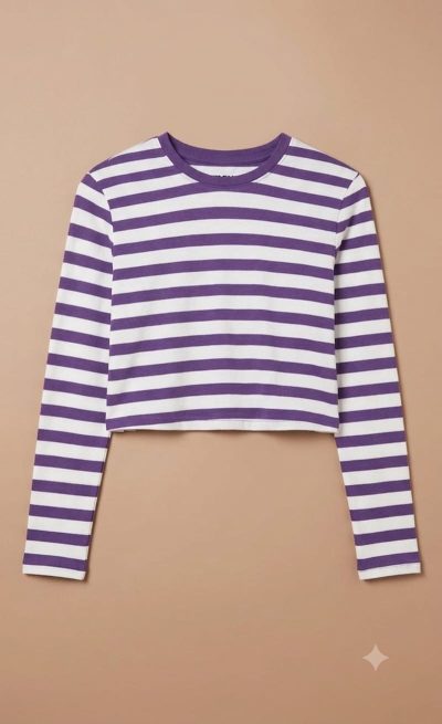 SHEIN Women’s Purple & White Striped Crop Top – Long Sleeve Fitted T-Shirt, SHEIN Fast Delivery in 5 Days