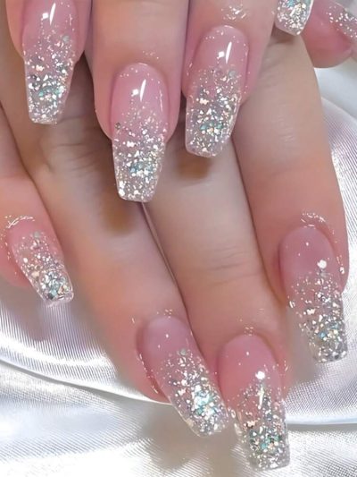 24PCS Pink Glitter Gradient Press On Nails – Long Square Shiny Design