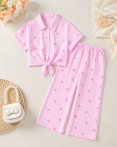 Girls Pink Striped Shirt and Wide Leg Pants Set with Bow Print