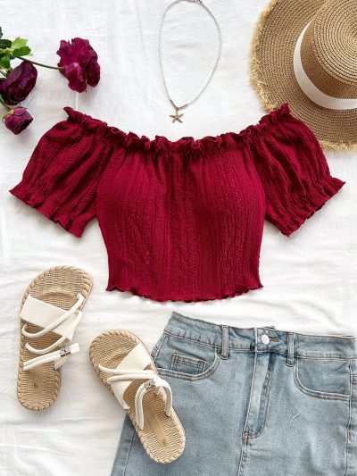 SHEIN Burgundy Off-Shoulder Eyelet Crop Top