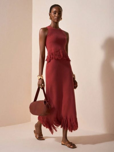 SHEIN Rust Red Fringe Knit Two-Piece Dress Set - SHEIN Fast Delivery in 5 Days