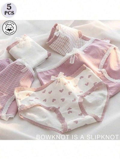 5-Piece Organic Cotton Women’s Cute Brief Panty Set – Soft Mid Rise Underwear with Pink Heart & Plaid Prints