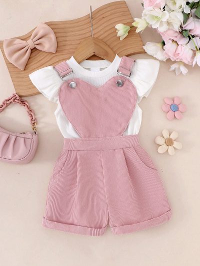 Girls Pink Heart Bib Shorts & White Flutter Sleeve Top Set