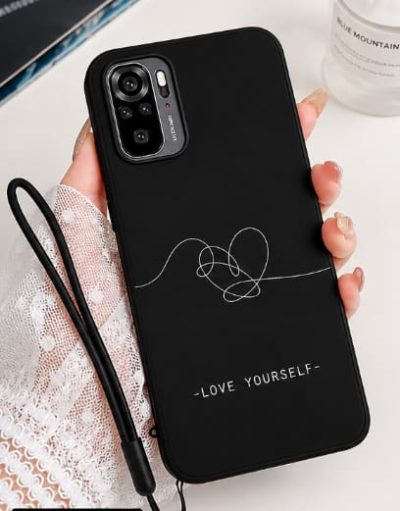 Redmi Note 10 Case – Black Minimalist Love Yourself Design – Shockproof Matte Cover with Strap