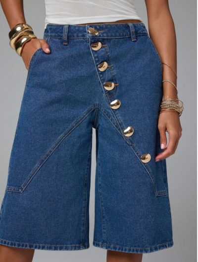 SHEIN Blue Denim Bermuda Shorts with Gold Button Detail - SHEIN Fast Delivery in 5 Days