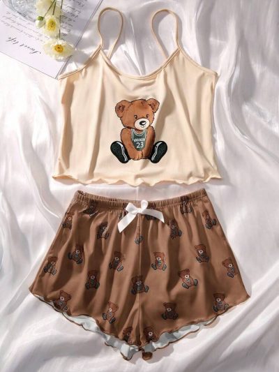 Women’s Teddy Bear Cami & Shorts Pajama Set – Cute Cartoon Two Piece Sleepwear Set