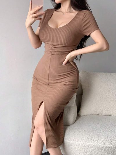 Mocha Ribbed Ruched Bodycon Midi Dress – Short Sleeve Front Slit Casual Elegant Dress for Women