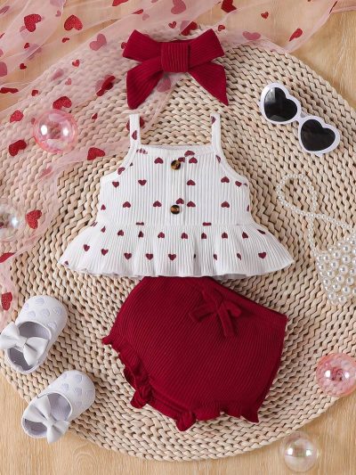 Baby Girls Red Heart Print Top & Shorts Set