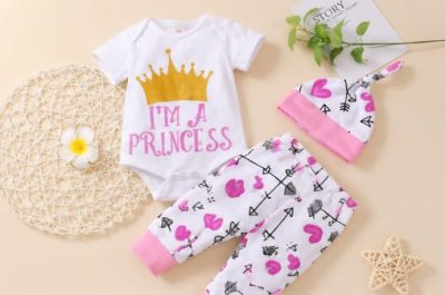 Baby Girl Princess Bodysuit Pants and Hat Set with Crown Print, 0–3 Months