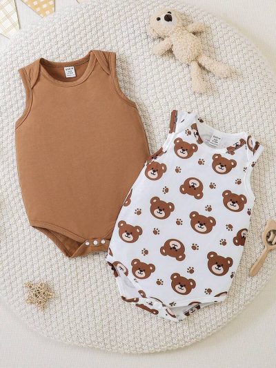 Baby 2-Pack Sleeveless Bodysuits – Solid Brown & Teddy Bear Print Cotton Onesie Set