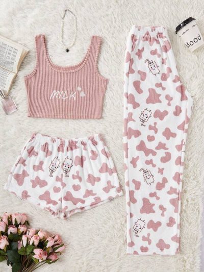Women’s 3 Piece Milk Print Pajama Set – Pink Ribbed Tank Top, Shorts & Lounge Pants Sleepwear Set