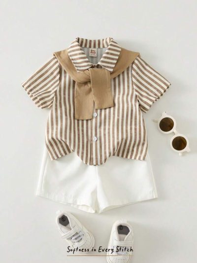 Boys Beige Striped Shirt & White Shorts 3 Piece Set – Smart Casual Summer Outfit – Stylish Kids Matching Set with Shoulder Sweater Detail