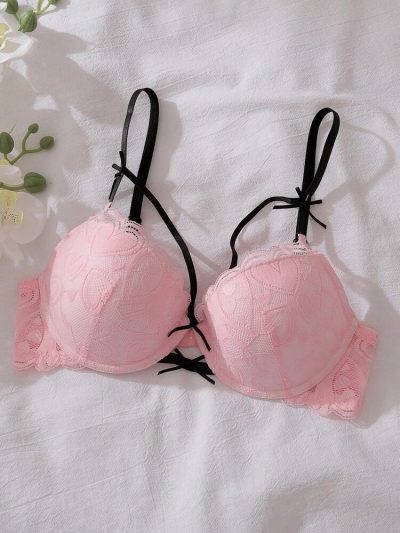 Pink Lace Push Up Bra for Women – Underwire Padded Bra – Contrast Black Straps – Shein Style Feminine Lingerie