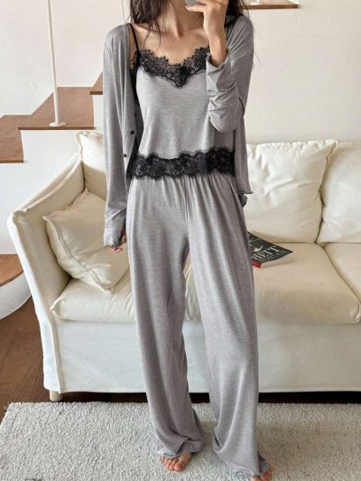 Women’s Gray Lace Trim 3 Piece Lounge Set – Cami Top, Wide Leg Pants & Open Front Cardigan