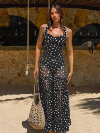 SHEIN Black Polka Dot Halter Swim Dress Set - SHEIN Fast Delivery in 5 Days