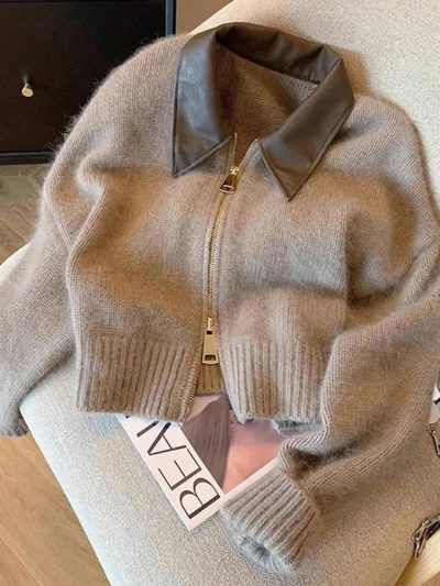 Women Beige Cropped Knit Cardigan with Faux Leather Collar and Front Zipper