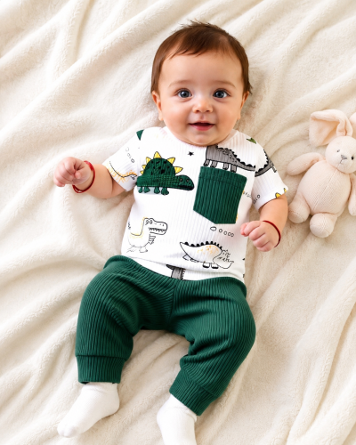 SHEIN Baby Boys Dinosaur Print T-Shirt and Ribbed Pants Set