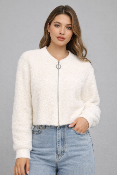 Women’s White Fuzzy Zip-Up Cardigan – Soft Fluffy Long Sleeve Winter Jacket – Cozy Short Knit Outerwear
