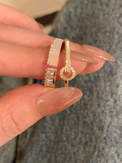 3 Piece Gold Tone Ring Set – Crystal Band and Geometric Statement Rings for Women