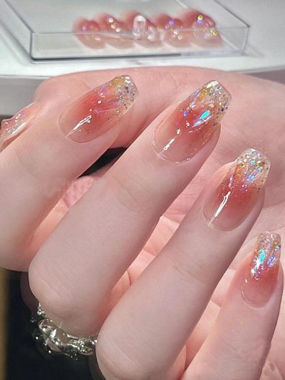 Glitter Gradient Press-On Nails – Nude Pink Sparkle Long Acrylic Style