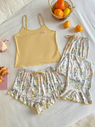 Women’s Yellow Cami 3 Piece Pajama Set – Floral Lounge Pants & Ruffle Shorts Sleepwear Set