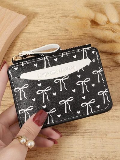 Black Bow Pattern Small Zipper Wallet – Slim Mini Card Holder