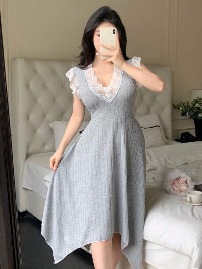 Gray Ribbed Lace Trim Nightdress – V Neck Flutter Sleeve Asymmetrical Sleep Dress for Women