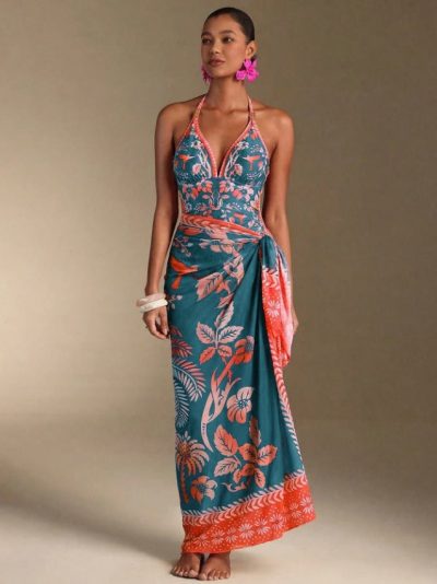 SHEIN Tropical Halter Maxi Dress with Side Tie - SHEIN Fast Delivery in 5 Days