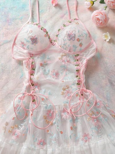Women Embroidered Mesh Babydoll Dress – Floral Sheer Lingerie Nightwear
