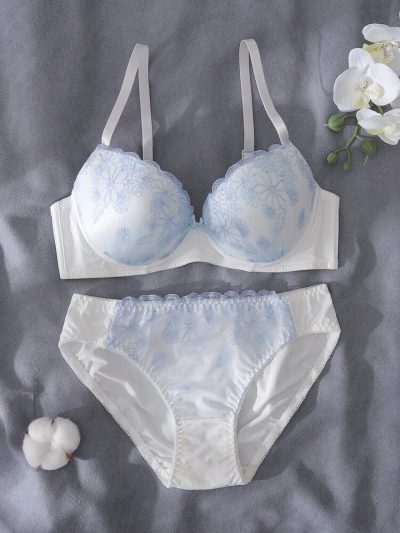 White & Light Blue Embroidered Bra and Panty Set for Women – Padded Underwire Lingerie – Floral Shein Style Intimate Set