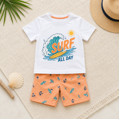 Boys White Mickey Surf T-Shirt & Peach Shorts Set – 2 Piece Casual Kids Outfit, Fast Delivery in 5 Days