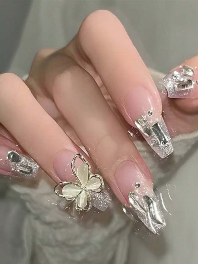 Silver Butterfly 3D Press On Nails – 24 Pieces Glossy Glitter Acrylic False Nail Set for Women
