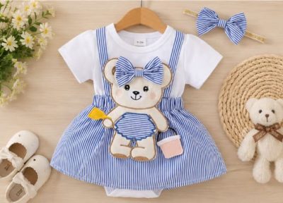 Baby Girl Blue Striped Bear Romper Dress Set with Matching Bow Headband, 0–3 Months