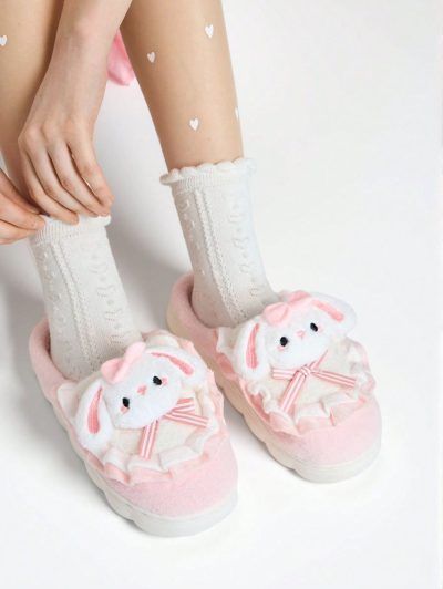SHEIN Women Pink Bunny Plush Platform Slippers