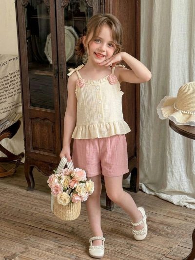 Baby Girls Cream Ruffle Cami Top & Pink Shorts Set