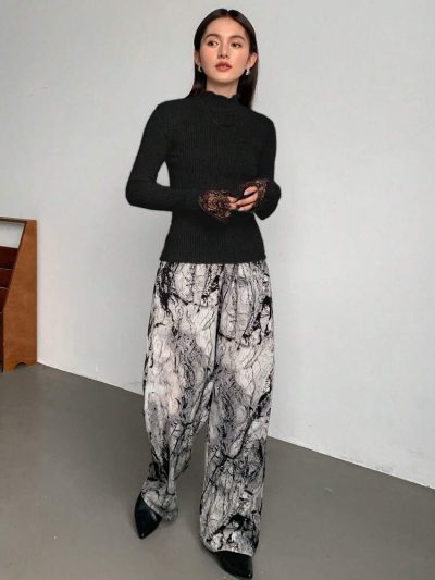 Women’s Black Ribbed Mock Neck Sweater Top – Lace Cuff Long Sleeve Elegant Knit Blouse