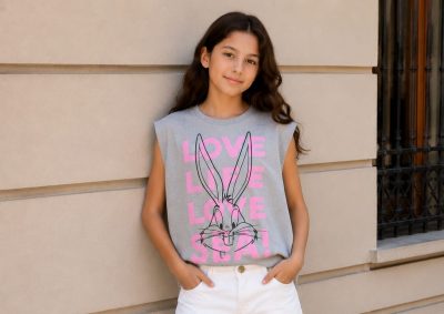 Girls Grey Bunny Graphic Sleeveless Top – Casual Summer Tank T-Shirt, Fast Delivery in 5 Days