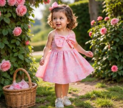 Girls Pink Sleeveless Bow Dress with Flared Skirt, 6–9 Months