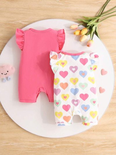 2-Pack Baby Girl Flutter Sleeve Romper Set – Solid Pink & Colorful Heart Print Summer One-Piece Outfits