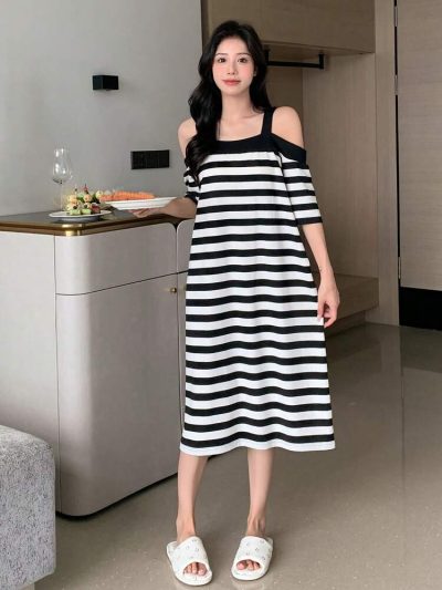 Black & White Striped Cold Shoulder Lounge Dress – Loose Fit Midi Sleep Dress for Women