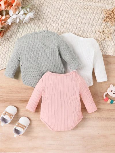 Baby Girls 3-Pack Ribbed Long Sleeve Bodysuits – Soft Snap Closure Onesie Set