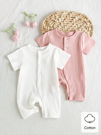 Baby Ribbed Cotton Short Sleeve Romper – Button Front One-Piece Jumpsuit