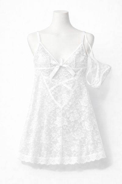 White Lace Babydoll Lingerie Set – Sheer Floral Slip Dress with Matching Panty for Women