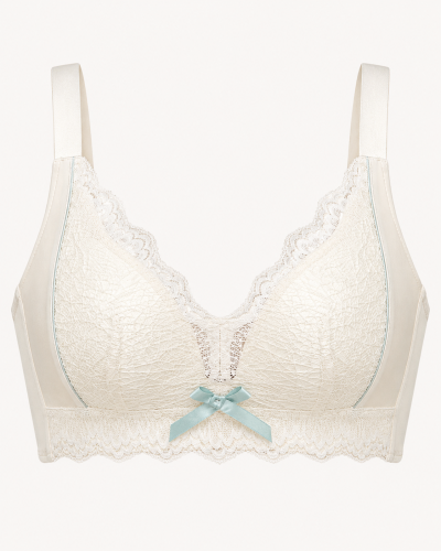 Cream Lace Push Up Wireless Bra for Women – Deep V Comfort Bra – Soft Support – Shein Style Elegant Lingerie