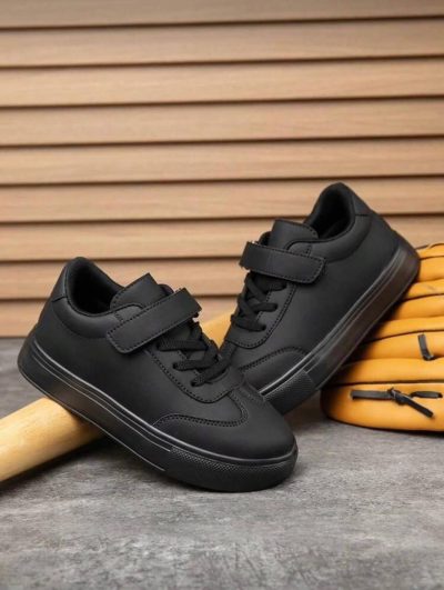 Kids Black Casual Sneakers with Hook and Loop Strap, Comfortable Everyday Shoes