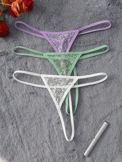 3-Piece Lace Mesh Women’s G-String Panty Set – Low Rise Stretch Thong Underwear in White, Mint & Lilac