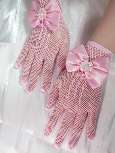 Girls’ Pink Mesh Dress Gloves – Satin Bow & Floral Pearl Detail – Princess Party Costume Gloves