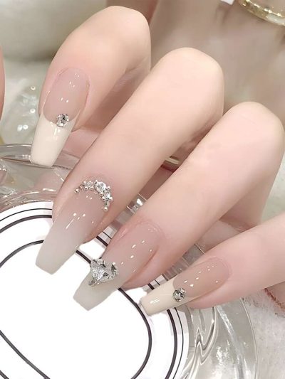 24PCS Nude French Rhinestone Press On Nails – Long Square Elegant Design