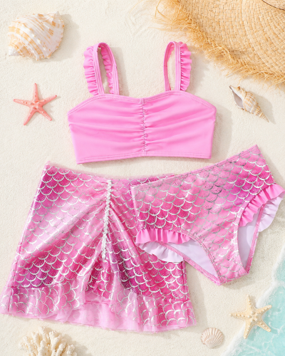 SHEIN Girls Pink Mermaid Swim Set – 3 Piece Mermaid Print Beach Outfit, SHEIN Fast Delivery in 5 Days