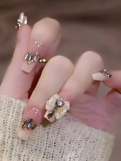 24PCS Nude 3D Bow Crystal Press On Nails – Luxury Rhinestone Design
